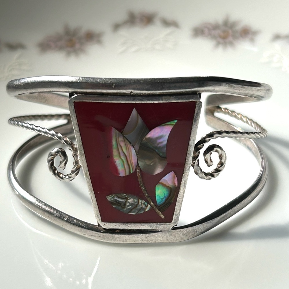 Vintage Red Enamel Mexican Silver Abalone and Mother of Pearl Flower Inlay Cuff